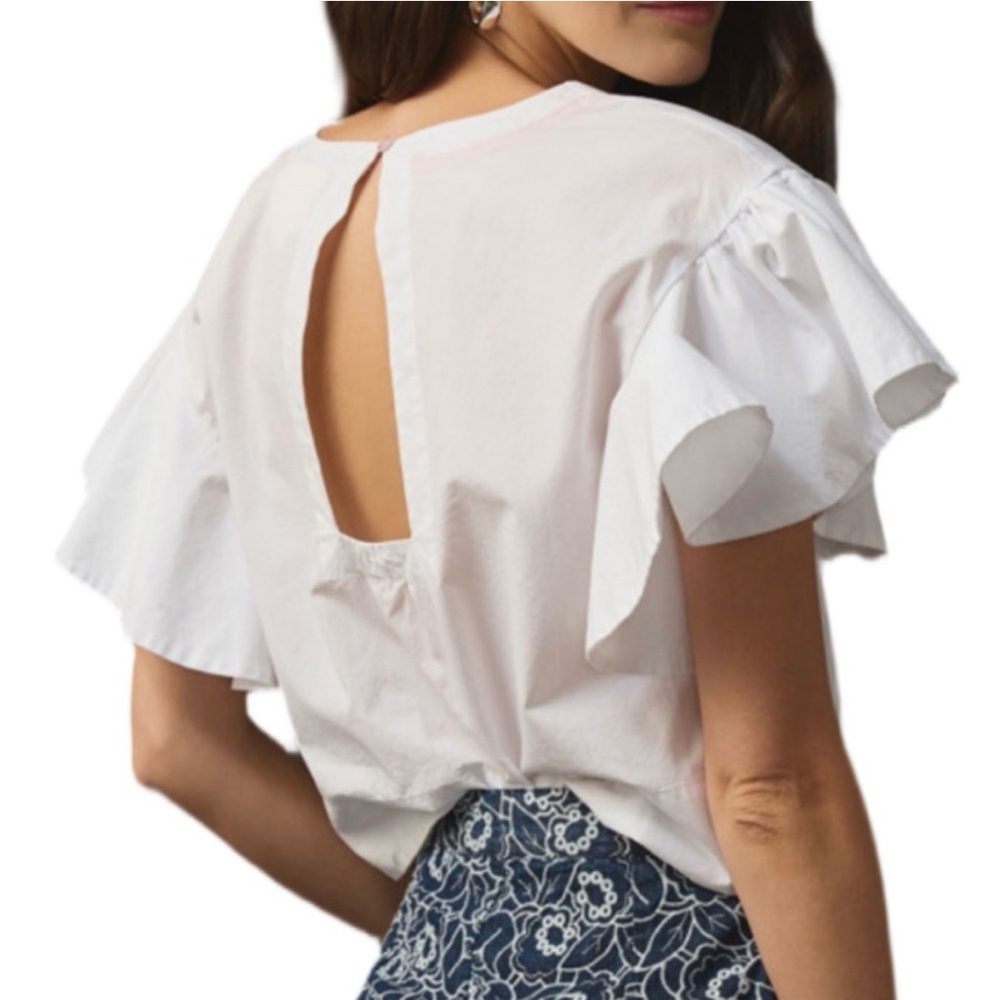 MAEVE ANTHROPOLOGIE | White Cotton Poplin Flutter Sleeve Pullover Blouse - Picture 3 of 11